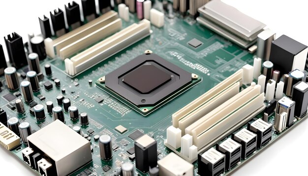 placa-mãe de desktop com CPU em fundo branco