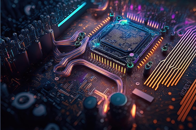 Placa-mãe de tecnologia cibernética com circuitos eletrônicos e unidade de CPU Generative Ai