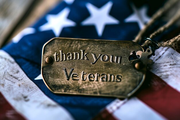 Foto placa de metal que dice gracias a los veteranos sobre la bandera estadounidense