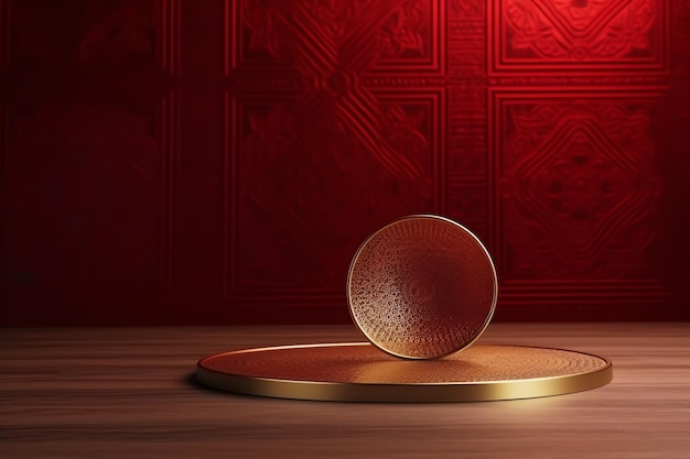 Una placa de oro sobre una mesa de madera con un fondo rojo.