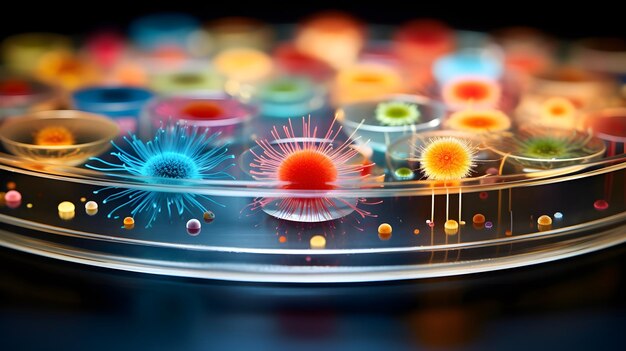 Una placa de Petri de microbiología llena de coloridas colonias de bacterias
