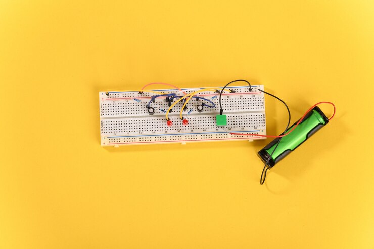 Foto placa de pruebas con circuito multivibrador de elementos eléctricos