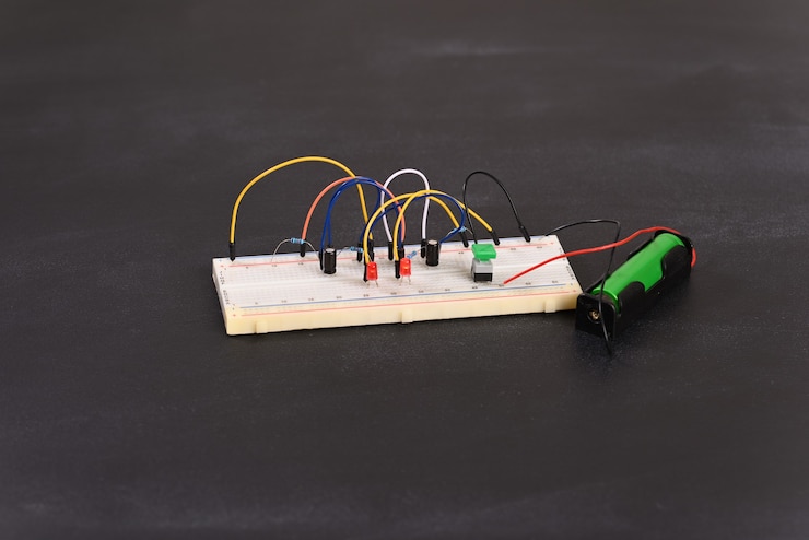 Foto placa de pruebas con circuito multivibrador de elementos eléctricos