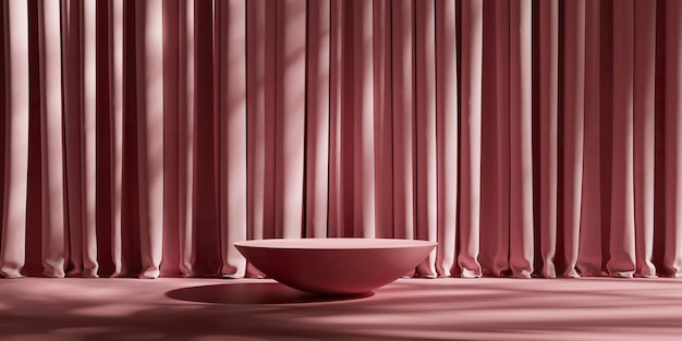 Placa redonda abstracta sobre fondo de cortina rosa natural con sombra de hojas tropicales. Pantalla del producto