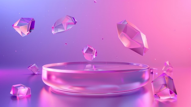 Placa redonda de glassmorphism vibrante 3D flutuando em fundo de gradiente roxo e rosa