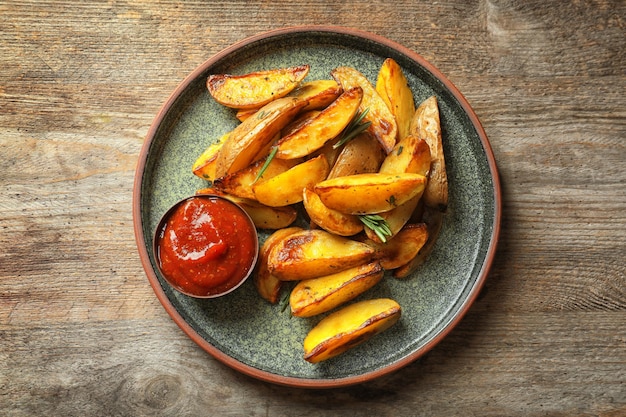 Placa con sabrosos gajos de patata y salsa de tomate en la mesa