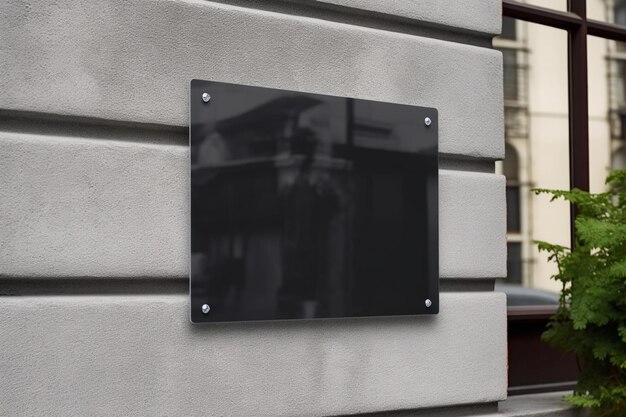 Foto placa de señalización de vidrio negro en blanco en una maqueta de pared con textura