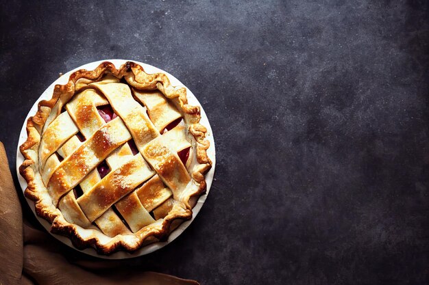 Placa con tarta de manzana trenzada en pasteles caseros de azúcar en polvo