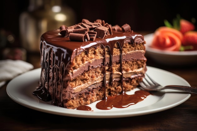 Placa con trozo de delicioso pastel de chocolate sobre mesa de madera