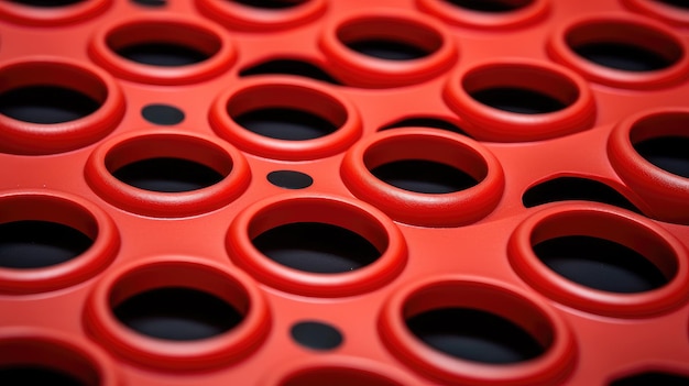 Placa vermelha vibrante com círculos pretos marcantes que adicionam um elemento ousado e atraente