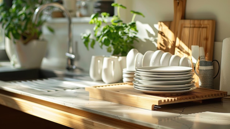 Placas blancas apiladas en un estante de secado de madera con vegetación de la cocina en el fondo