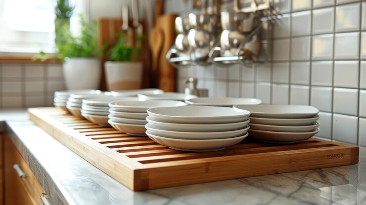 Placas blancas bien dispuestas en un estante de madera en una cocina moderna