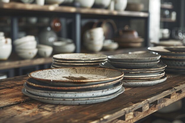 Foto placas y cuencos de cerámica expuestos en una tabla de madera