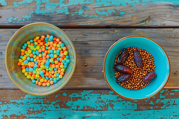 Foto placas de dátiles y palomitas de maíz de colores en superficie de madera