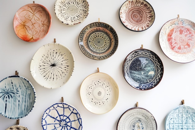 Placas de cerâmica feitas à mão com padrões tradicionais pendurados