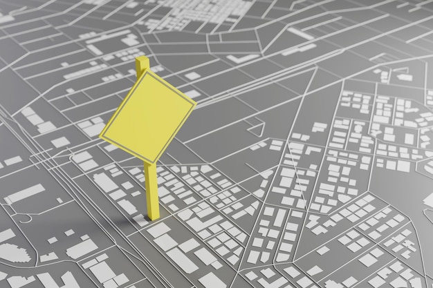 Placas em branco em uma renderização 3d do mapa da cidade em 3d
