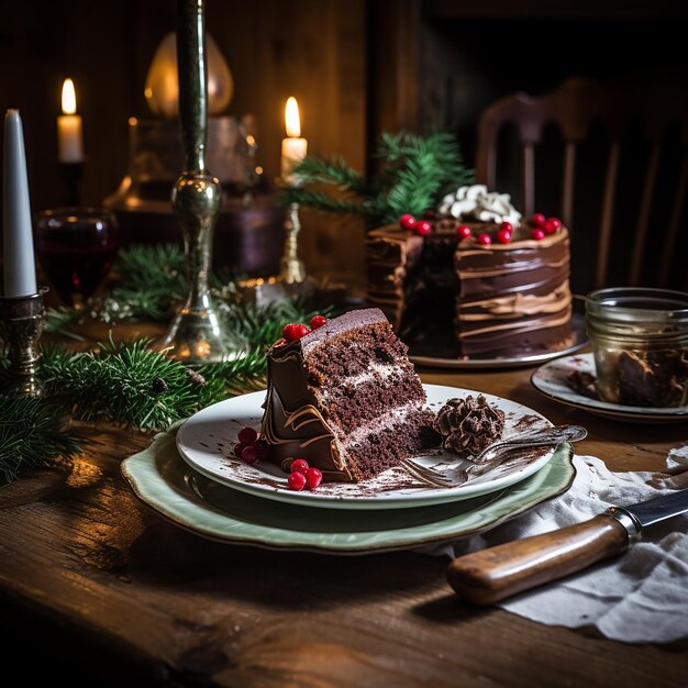 Foto placas de pastel de chocolate y una vela encendida en una mesa de madera en una cocina