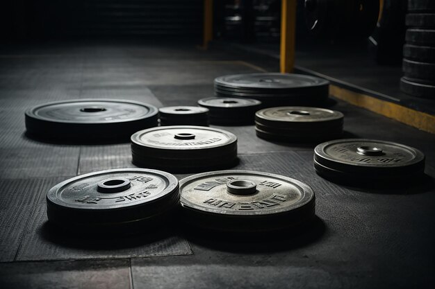 Foto placas de pesas metálicas gratuitas colocadas en un suelo oscuro del gimnasio invitan a la búsqueda decidida de la aptitud física