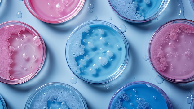 Placas de Petri coloridas con patrones de crecimiento bacteriano Microbiología y biotecnología AI generada