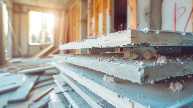 Placas de yeso apiladas en un entorno de construcción con luz natural