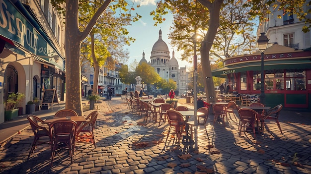 La Place du Tertre con mesas de café y el SacreCoeur en el cuarto de la mañana Mo Generative AI