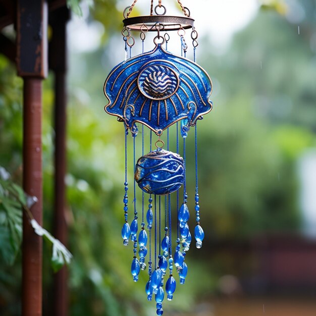 Placentera campana de viento azul colgada del techo