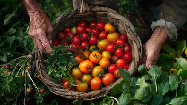 el placer de las manos vivas de la granja seleccionando verduras recién cosechadas del jardín