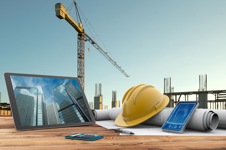 Pläne für einen Sicherheitshelm und einen Computer auf der Baustelle