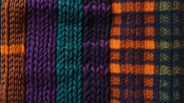 Foto plaid aus verschiedenen zusammengestrickten garnen mit wollmaterial, geeignet für bastel- und freizeitaktivitäten wie stricken und handarbeiten, nahaufnahme im hintergrund