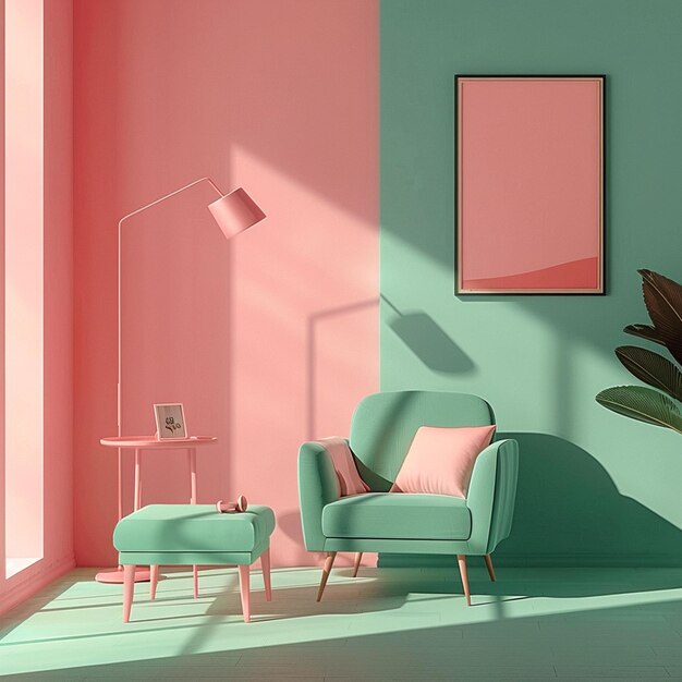 Plakat Wohnzimmer Landschaft Innenraum Holzwerk Rahmen Sofa Minze grün rosa Design