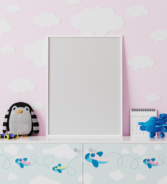 Plakatrahmen im Kinderzimmer mit rosa Wand mit Wolken, Kommode mit Flugzeugdruck, Pinguin-Plüschtier, Flugzeugspielzeug, 3D-Rendering