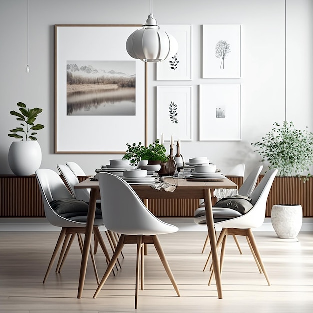 Plakatrahmen modernes Esszimmer-Innenfoto im minimalistischen Stil mit Holzrahmen und Gemälden an der weißen Wand, die mit generativer KI erstellt wurden