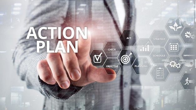 Plan de acción Estrategia Planificación Visión Dirección Concepto financiero sobre fondo borroso