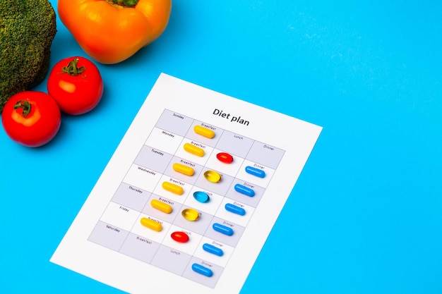 Foto plan de dieta, pastillas para adelgazar y verduras frescas sobre fondo azul.