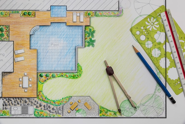 Foto plan de diseño de jardín y piscina para villa.