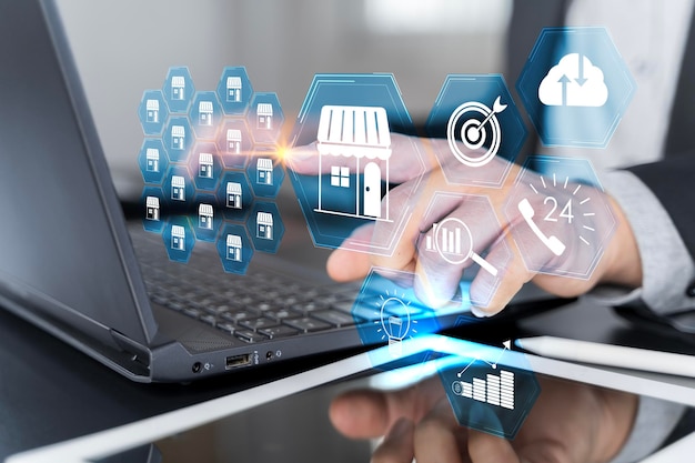 Plan de gestión de datos del sitio web concepto de servicio de venta negocio de franquicia comercio electrónico en línea emarketplace