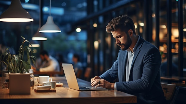 Plan de marketing nocturno Hombre profesional escribiendo en una computadora portátil en la oficina IA generativa