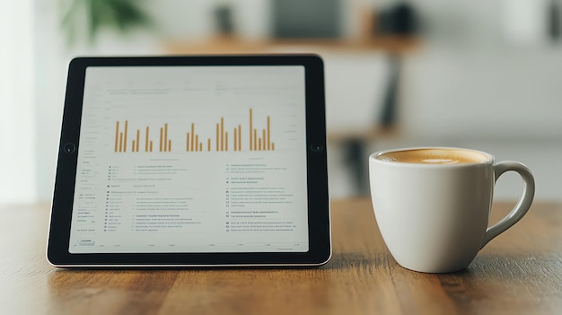 Plan de negocios en una pantalla de tableta con una taza de café cerca de la planificación de negocios digital