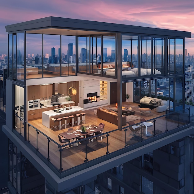 Plan de piso 3D de una casa Ilustración 3D Concepto abierto diseño de apartamento de vivienda Fondo