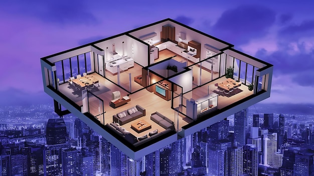 Plan de piso 3D de una casa Ilustración 3D Concepto abierto diseño de apartamento de vivienda Fondo