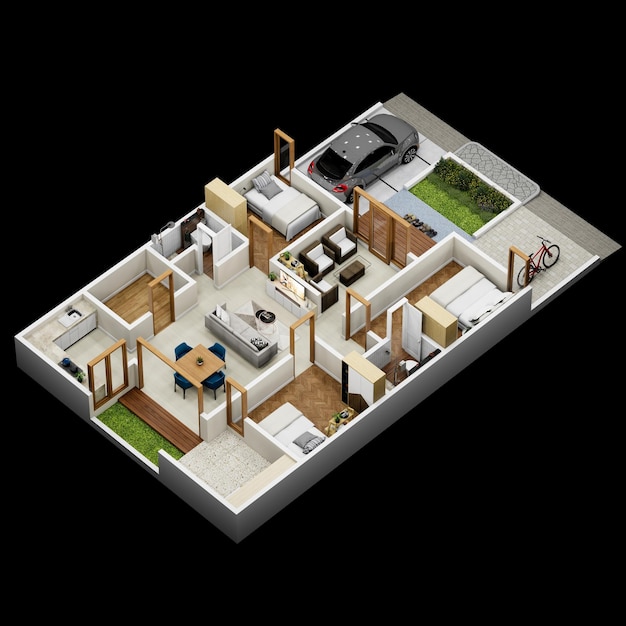 Plan de piso en 3D de una casa vista superior casa minimalista de 156 metros cuadrados con 3 dormitorios