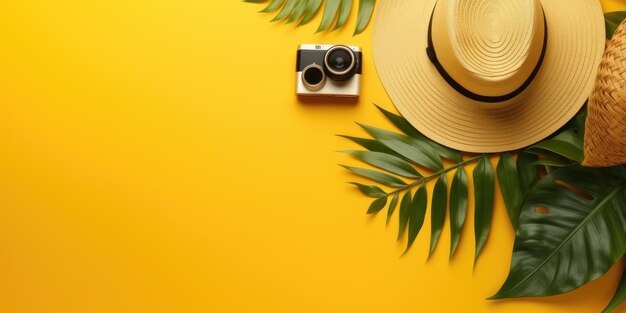 plana con accesorios para viajeros hoja de palma tropical cámara retro sombrero de sol estrella de mar en espalda amarilla