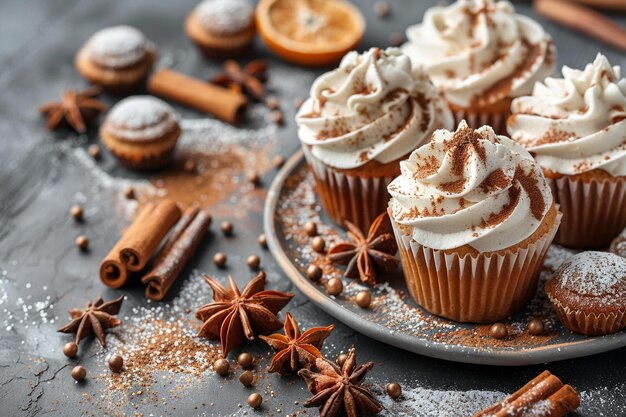 Foto planalto com sobremesas de cupcakes doces com cobertura no topo ar c