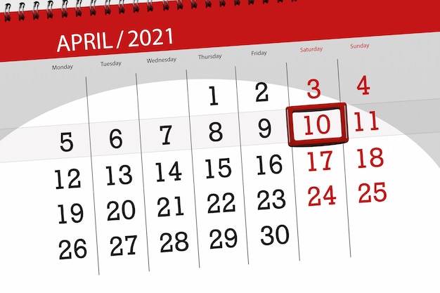 Planejador de calendário para o mês de abril de 2021, prazo final, 10, sábado.