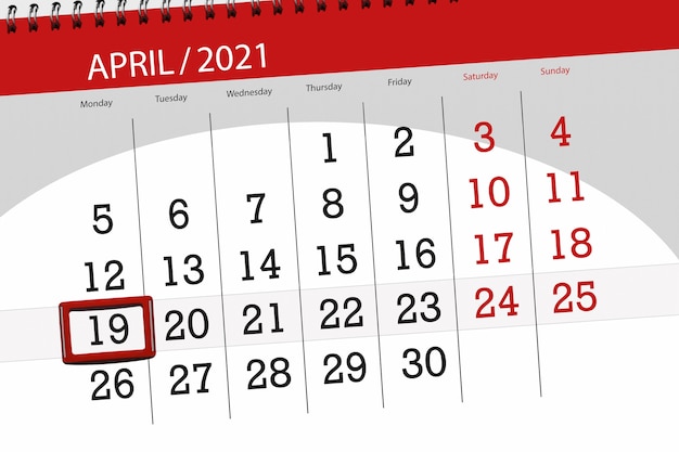 Planejador de calendário para o mês de abril de 2021, prazo final dia 19, segunda-feira.