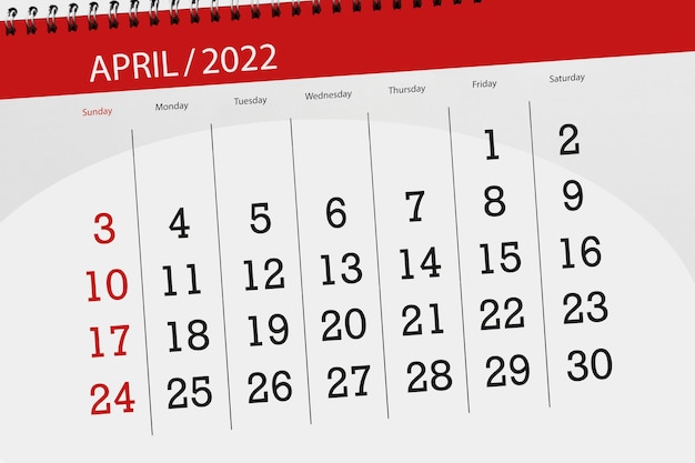Planejador de calendário para o mês de abril de 2022 dia do prazo