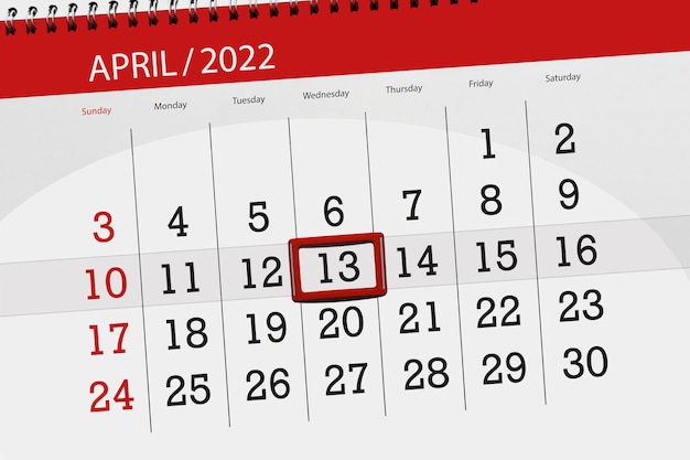 Planejador de calendário para o mês de abril de 2022 prazo dia 13 quarta-feira