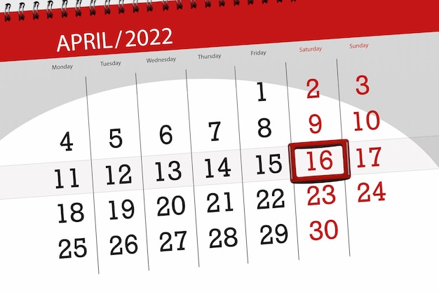 Planejador de calendário para o mês de abril de 2022 prazo dia 16 sábado