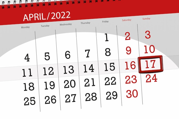 Planejador de calendário para o mês de abril de 2022 prazo dia 17 domingo