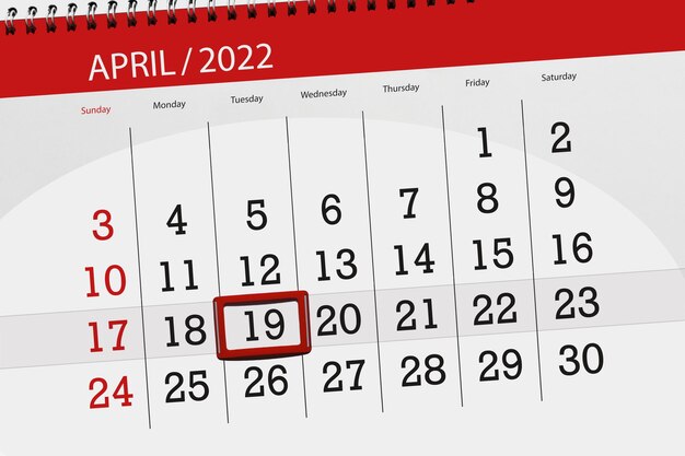 Planejador de calendário para o mês de abril de 2022 prazo dia 19 terça-feira